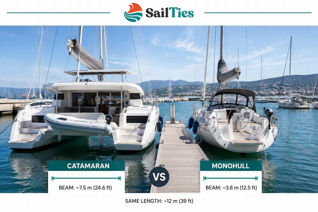Catamaran and monohull moored side by side, showing the difference in beam width