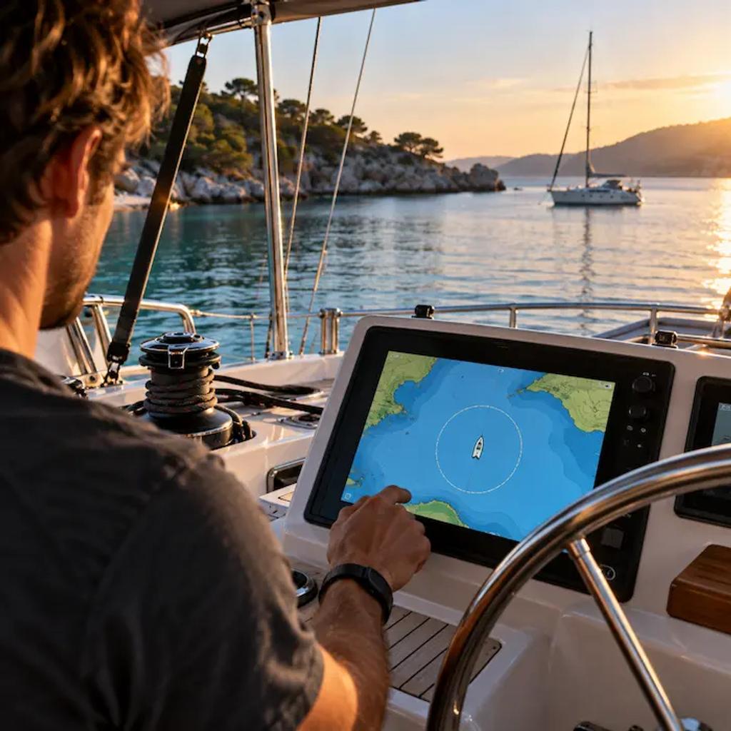 Sailor checking an anchor alarm on a chartplotter to confirm the anchor is holding