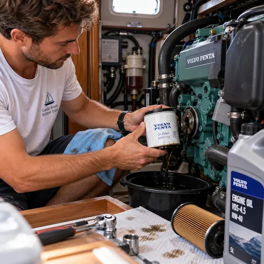 Sailor servicing a sailboat's diesel engine, checking oil and filter
