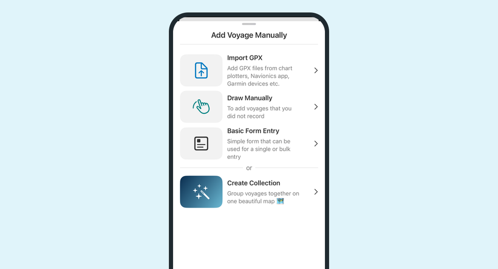 The Add Voyage Manually screen in SailTies, showing Import GPX, Draw Manually and Basic Form Entry options.