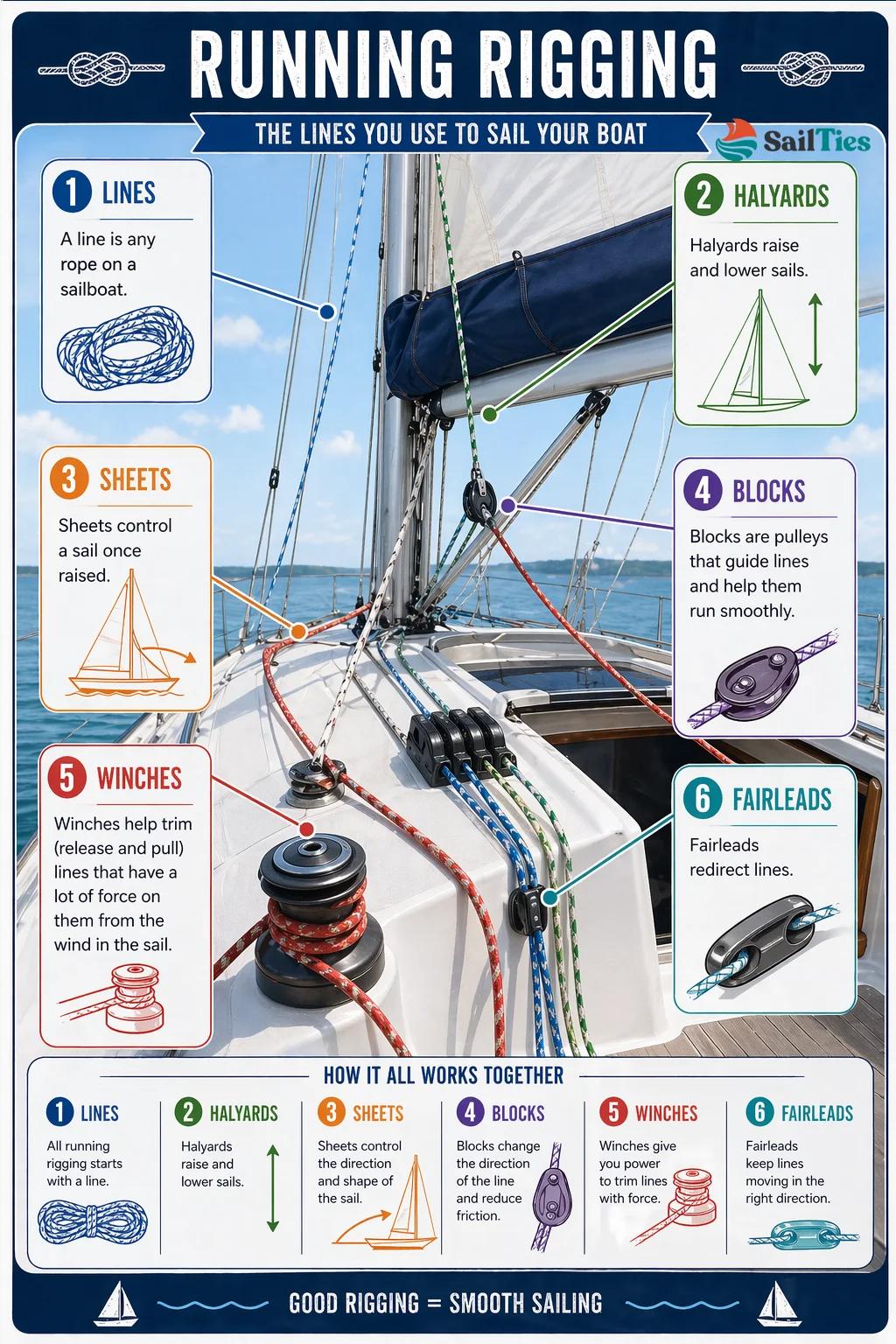 Beginner infographic identifying lines, halyards, sheets, blocks, winches and fairleads
