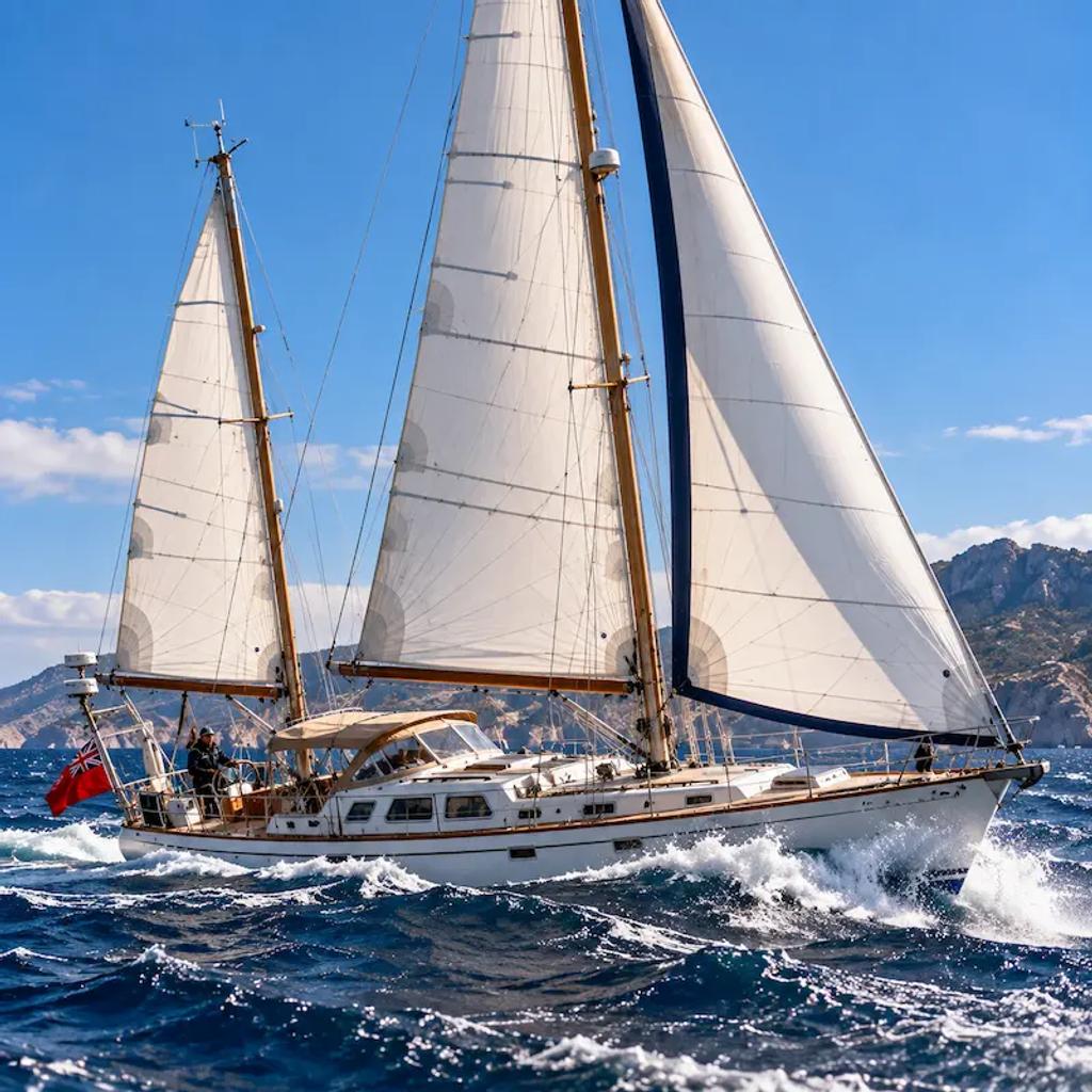Ketch-rigged sailboat under sail showing mainmast and mizzen