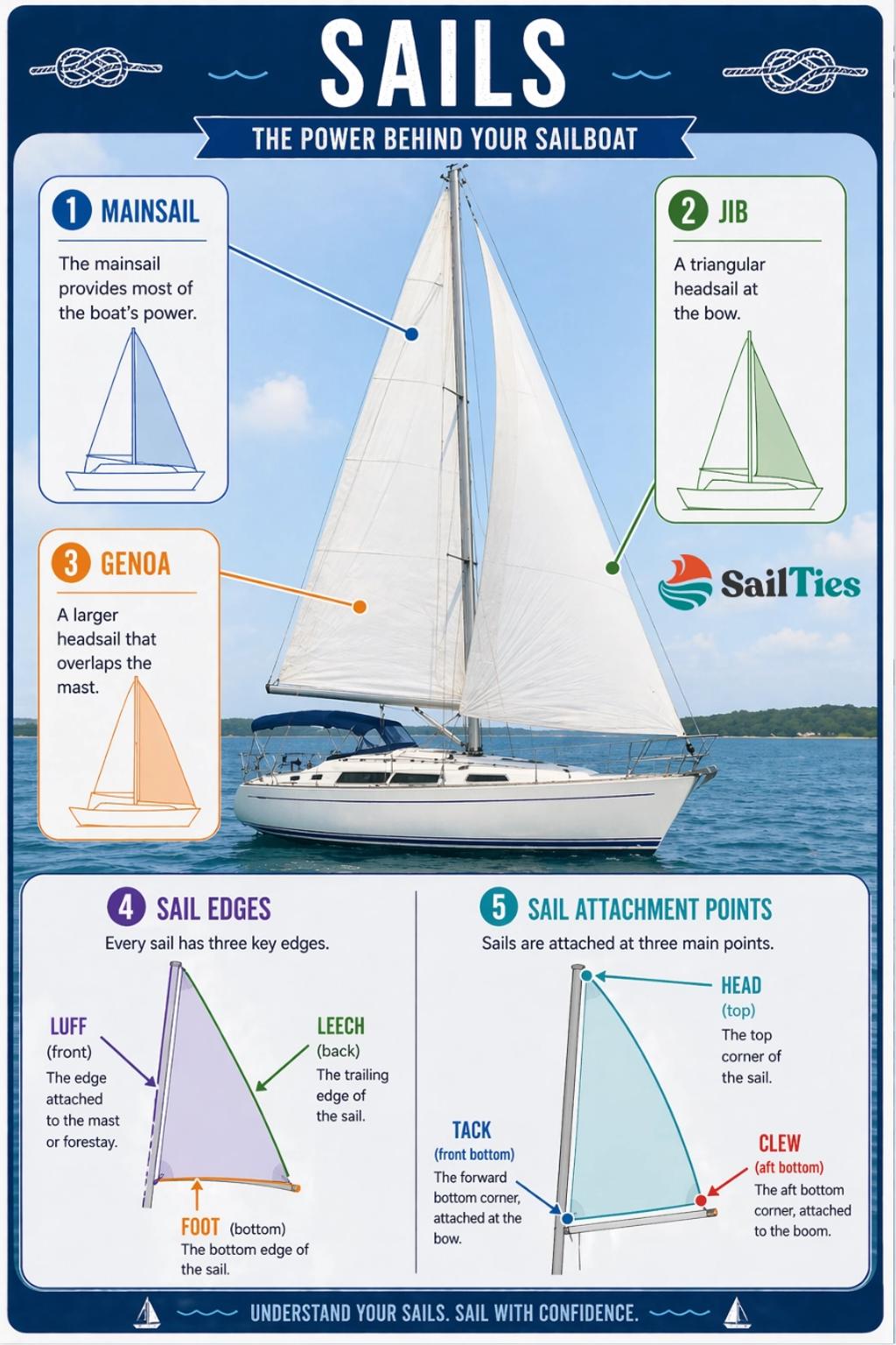 sailboat sails diagram mainsail jib genoa sail edges and attachment points explained