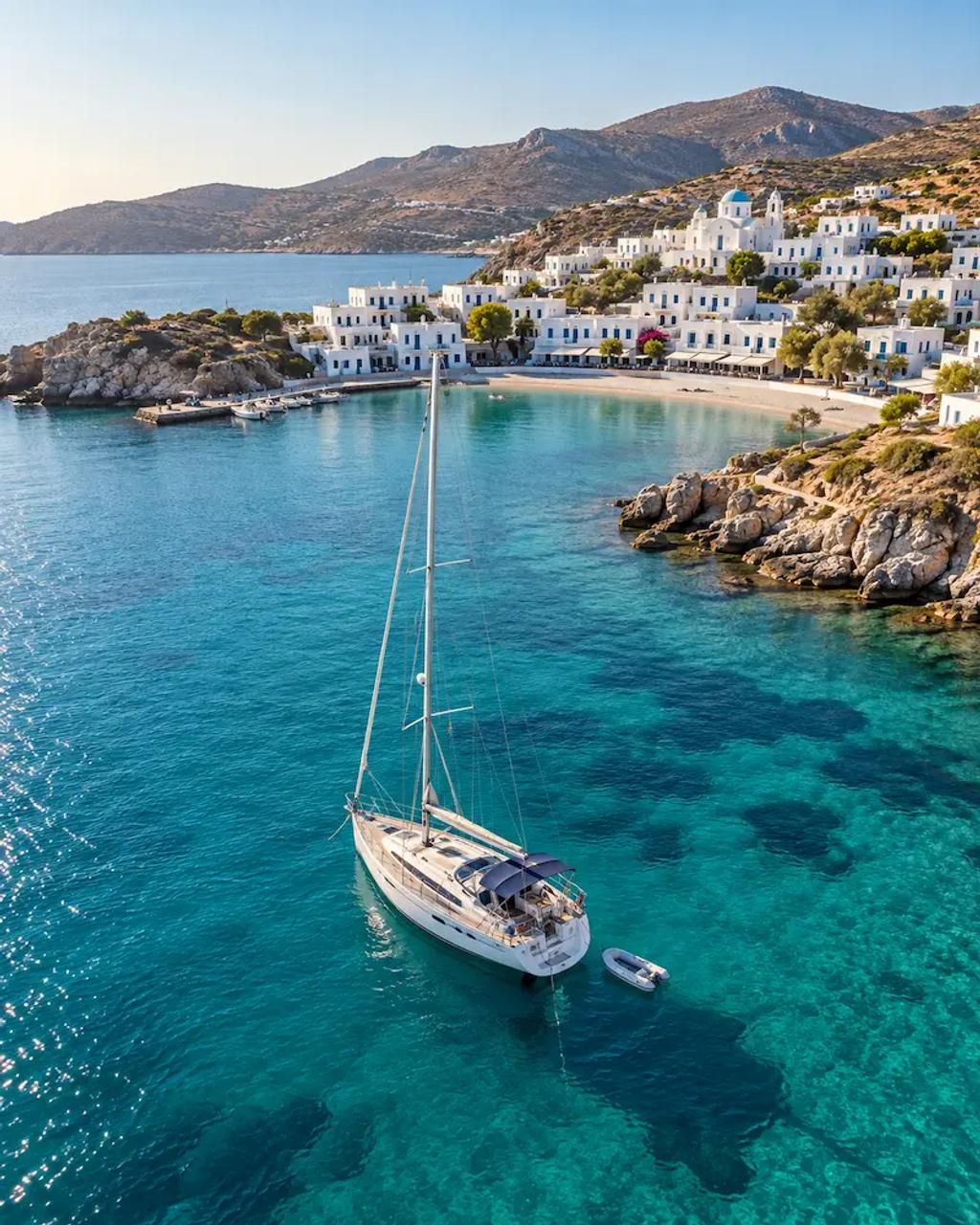 Sailing yacht anchored in a calm, sheltered bay ideal for a first sailing holiday