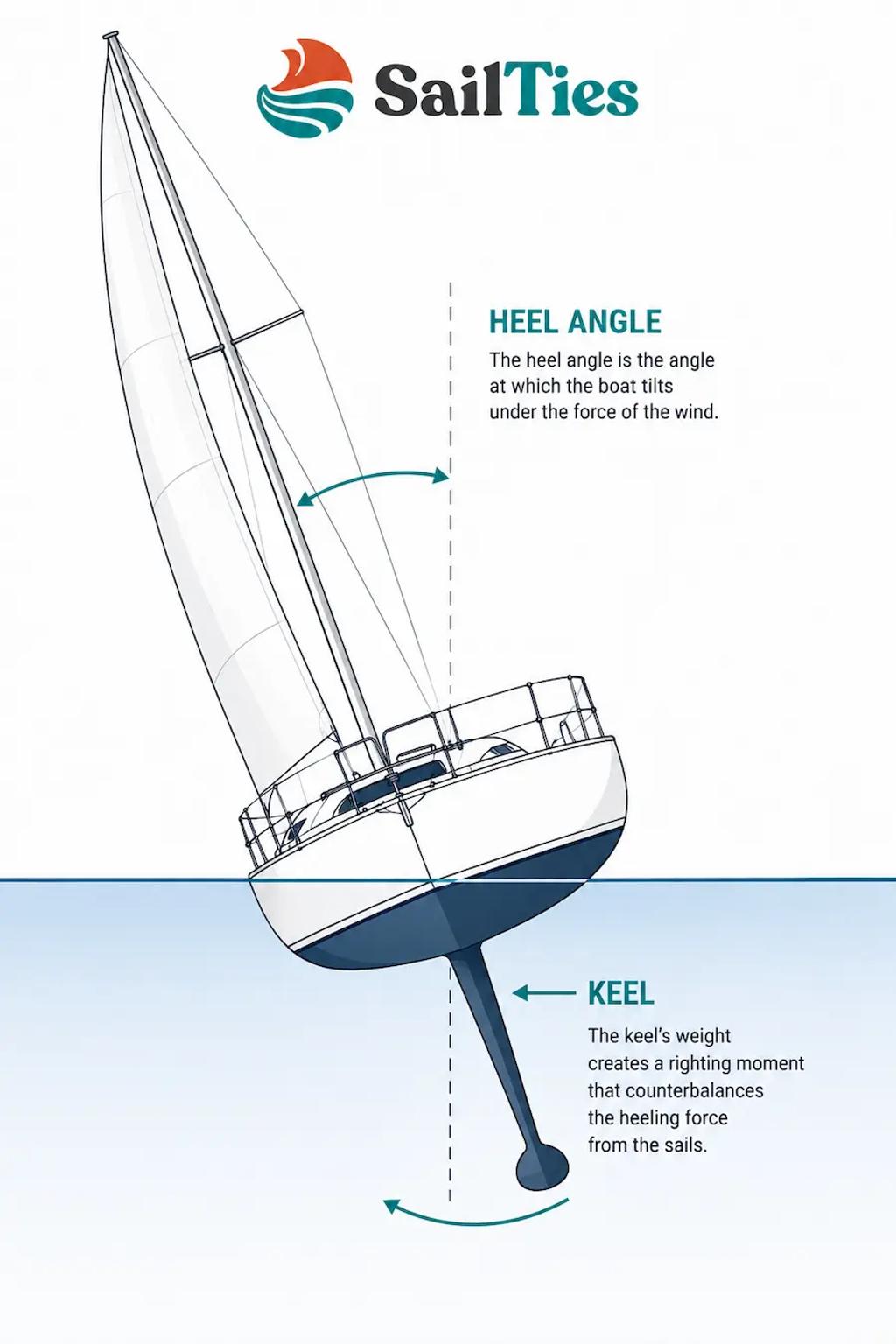 Diagram showing how a sailboat's keel counterbalances heeling under sail