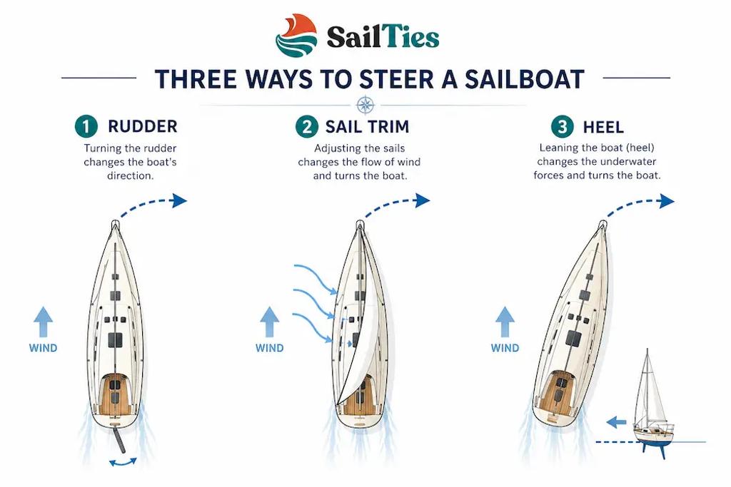 Diagram showing the three ways to steer a sailboat: rudder, sail trim, and heel