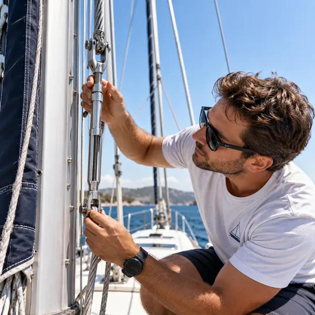 Rigger inspecting standing rigging terminals on a sailboat mast
