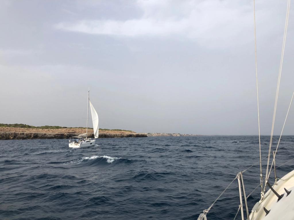 A sailor in high winds, gripping the mast.