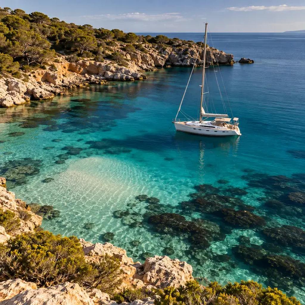 Sailboat anchored over a clear sandy patch in a sheltered cove