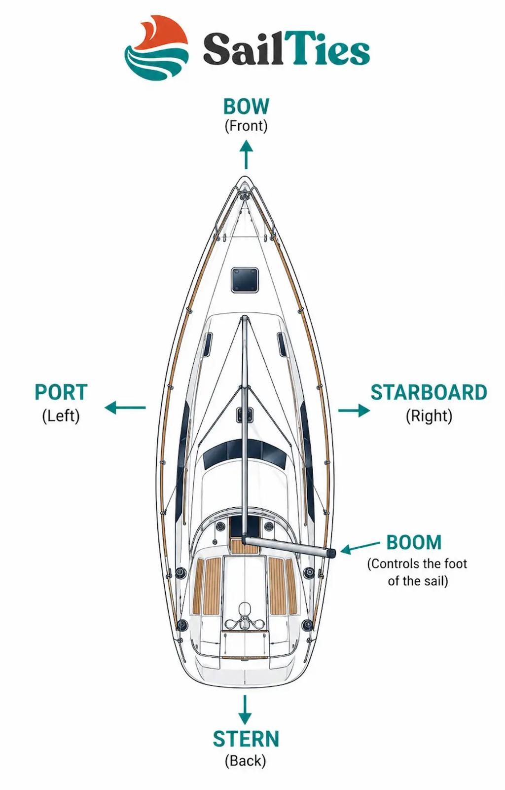 Labeled diagram showing bow, stern, port, starboard and boom on a sailboat