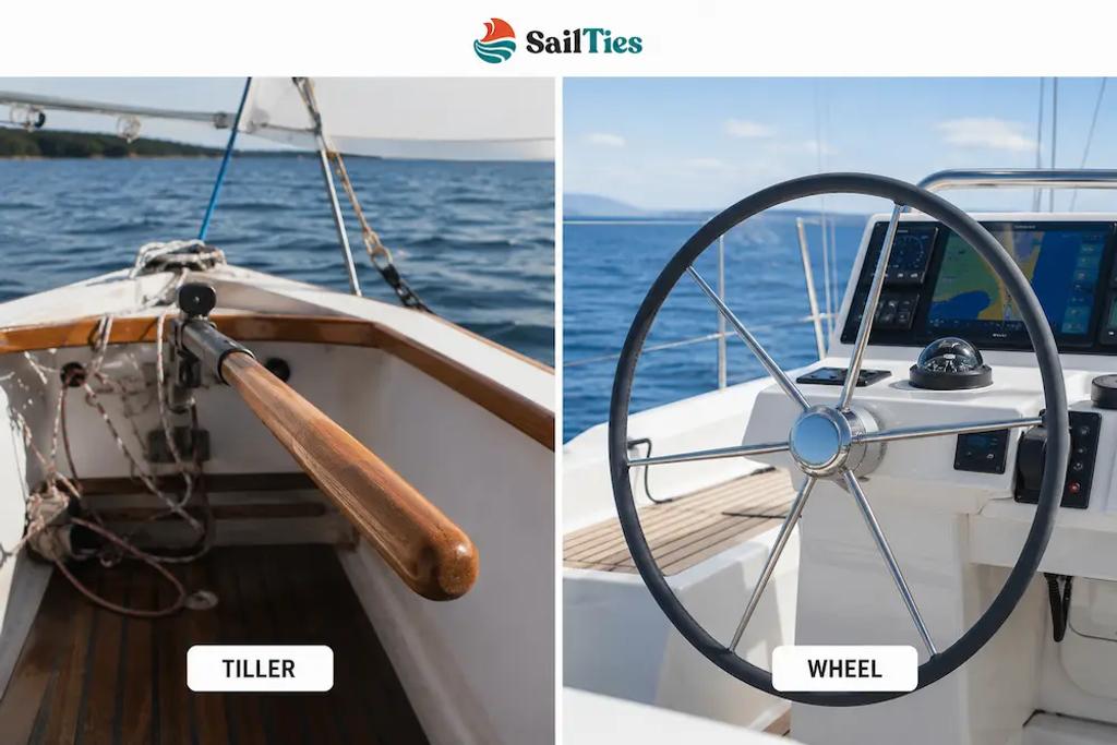 Tiller and wheel steering systems on a sailboat compared side by side