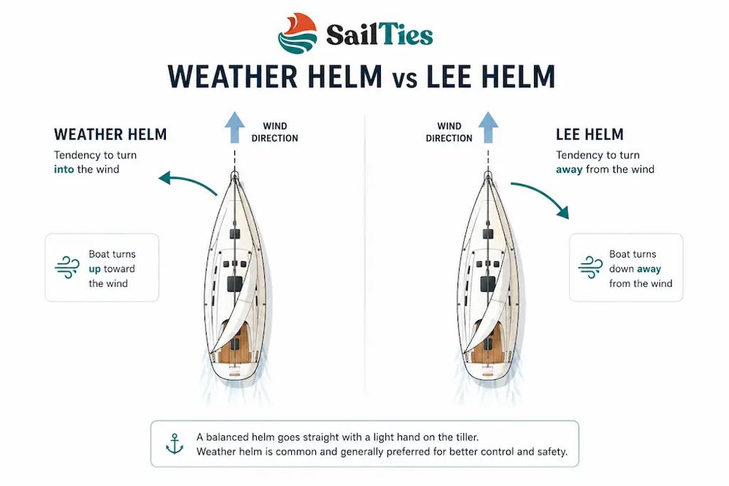 Top-down diagram of a sailboat showing weather helm and lee helm direction tendencies