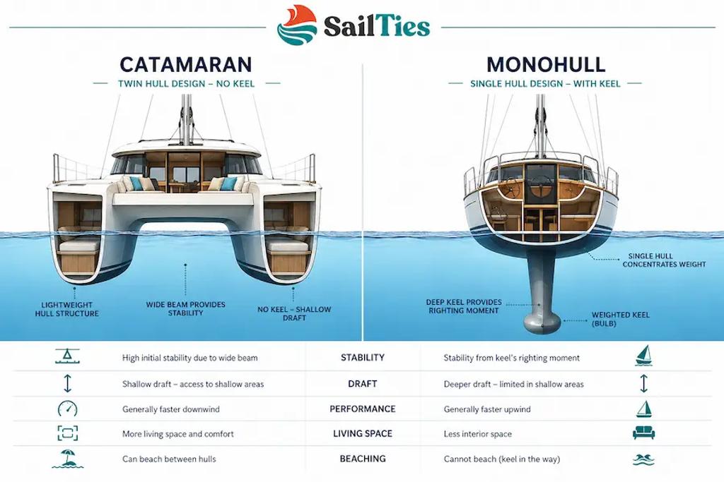 Cross-section diagram comparing a catamaran's twin hulls to a monohull's single hull and keel