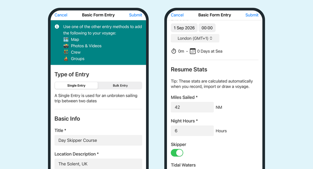 The SailTies basic form entry: the single and bulk entry choice and title and location fields, alongside the resume stats section with miles sailed, night hours and the skipper and tidal waters toggles.