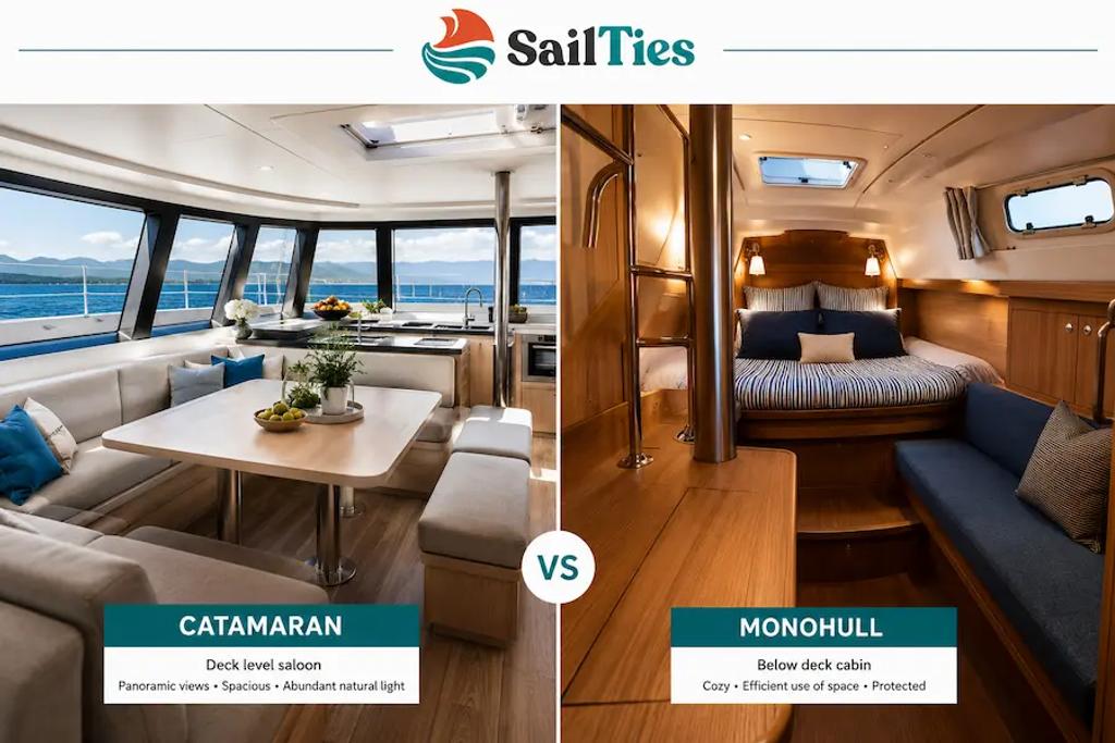 Side-by-side comparison of a catamaran saloon and a monohull cabin interior