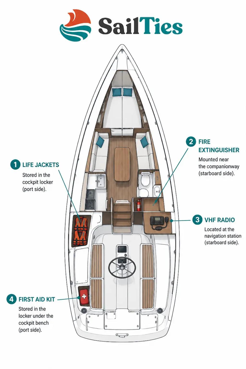 Diagram showing typical locations of safety equipment on a sailboat