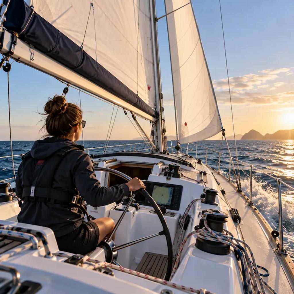 Sailor single-handing a sloop-rigged cruising boat