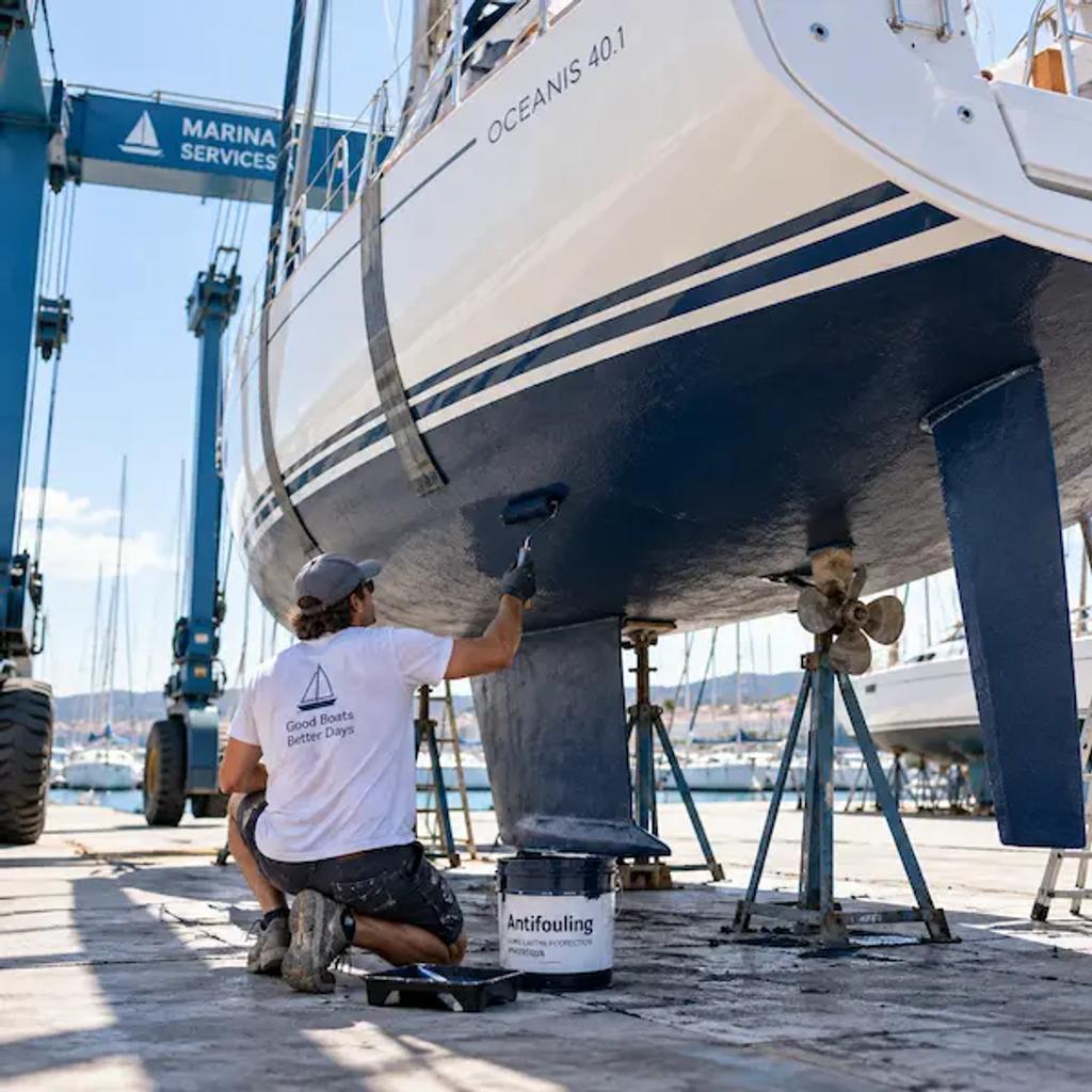 Sailboat hauled out for annual antifouling and hull inspection
