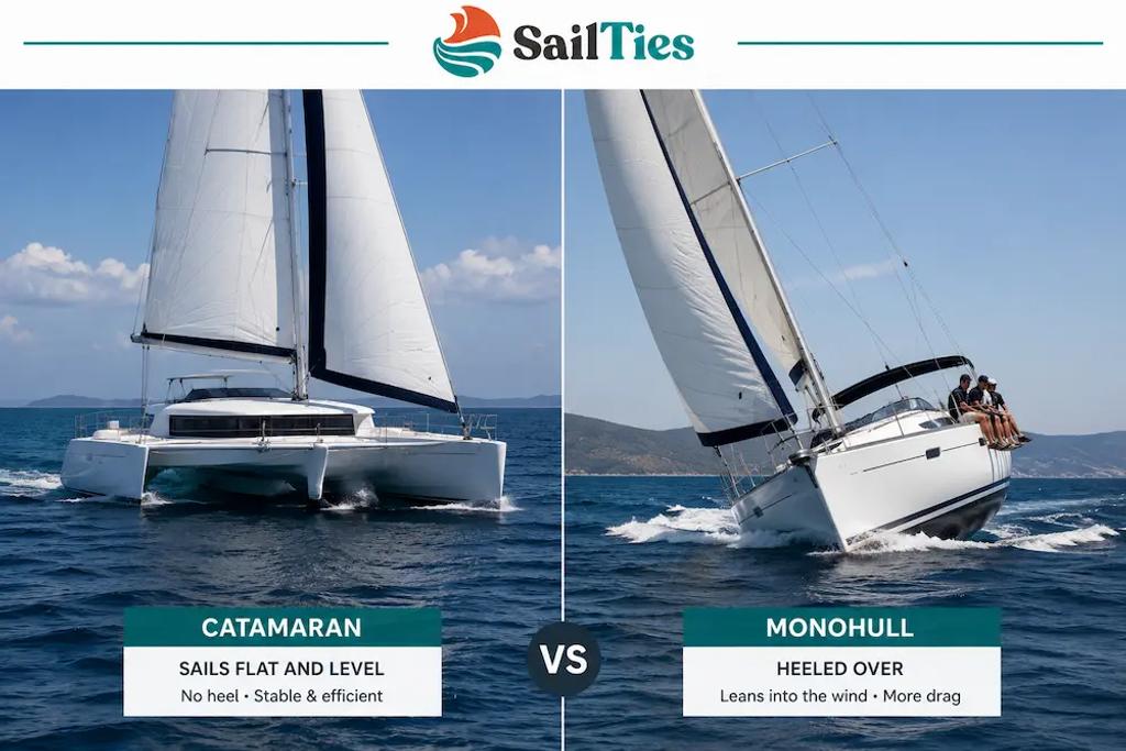 Comparison of a level catamaran and a heeling monohull sailing under the same conditions