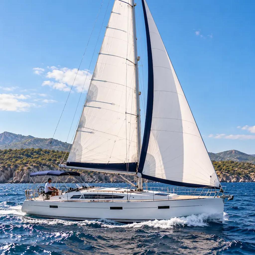 Sloop-rigged sailboat sailing with mainsail and headsail