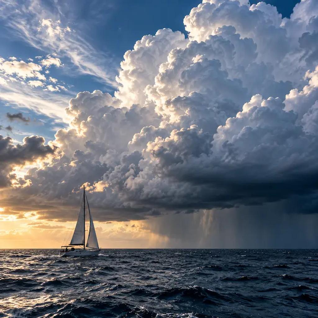 Towering cumulus clouds building to windward ahead of a squall