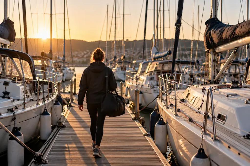 Sailor walking along a marina pontoon with a kit bag looking for a boat to join