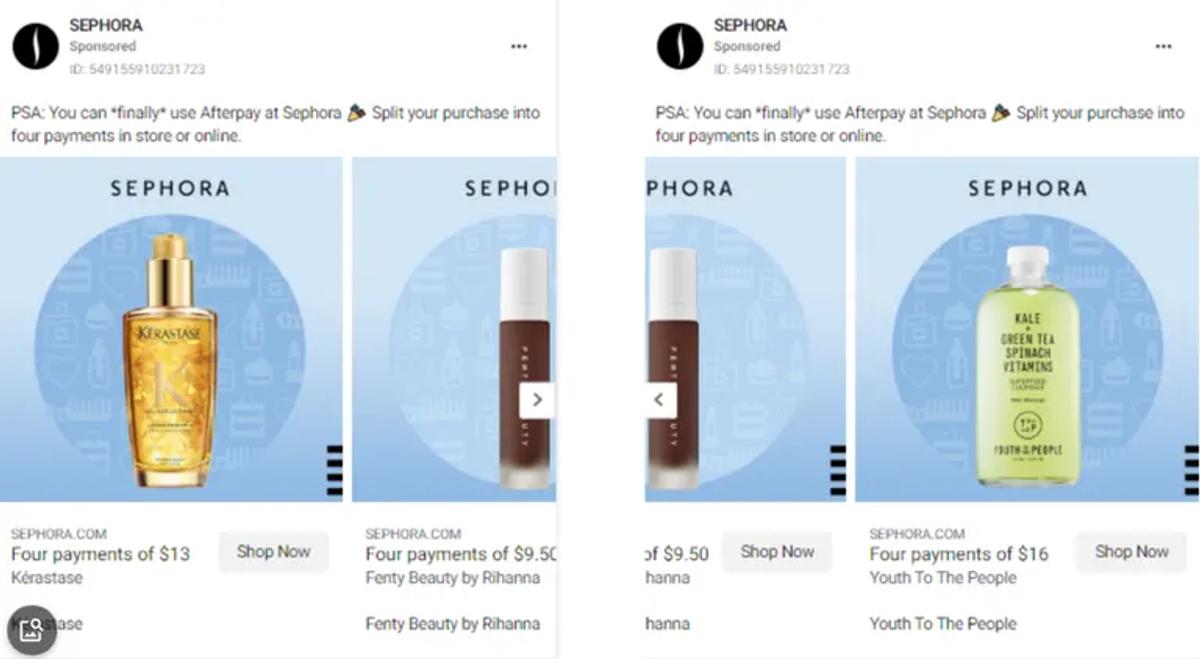 Sephora carousel example showing the available cards