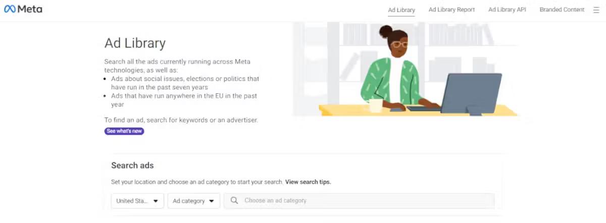 Meta Ad Library interface showing competitor Facebook and Instagram ads for ad transparency and competitive ad analysis.