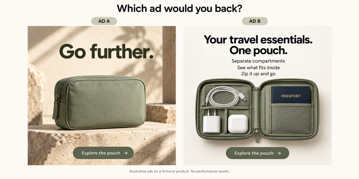 Two illustrative ads for the same travel pouch: Ad A uses polished styling and Go further; Ad B shows compartments, contents and explanatory copy.