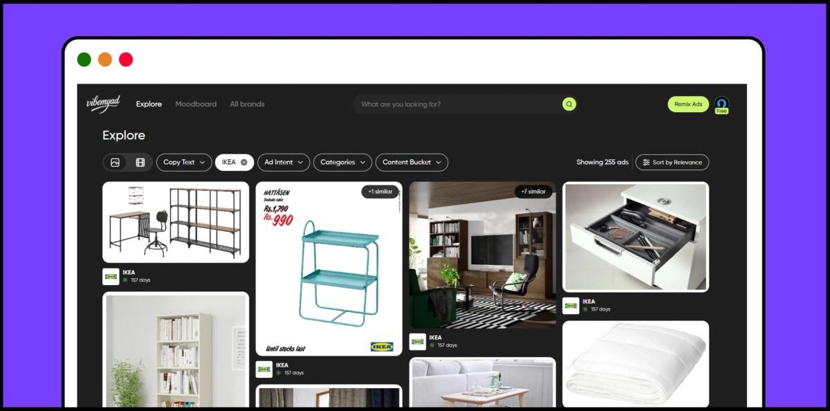 Vibemyad Explore interface used to analyse ad creatives, hooks, and content buckets at scale.