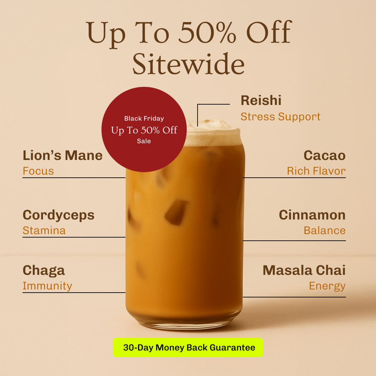 MUD WTR Black Friday ad with a drink, ingredient callouts, an up to 50 percent offer and a 30 day money back guarantee