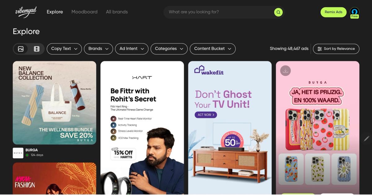 Vibemyad Explore page displaying a grid of four social media advertisements on a dark background: a BURGA wellness bundle promotion featuring yoga products, a HART fitness ad with Rohit promoting heart rate monitoring, a Wakefit furniture ad offering 50% off TV units, and a BURGA phone case collection ad in pink with Dutch text. The interface shows 48,467 ads available with filter options for Copy Text, Brands, Ad Intent, Categories, and Content Bucket..