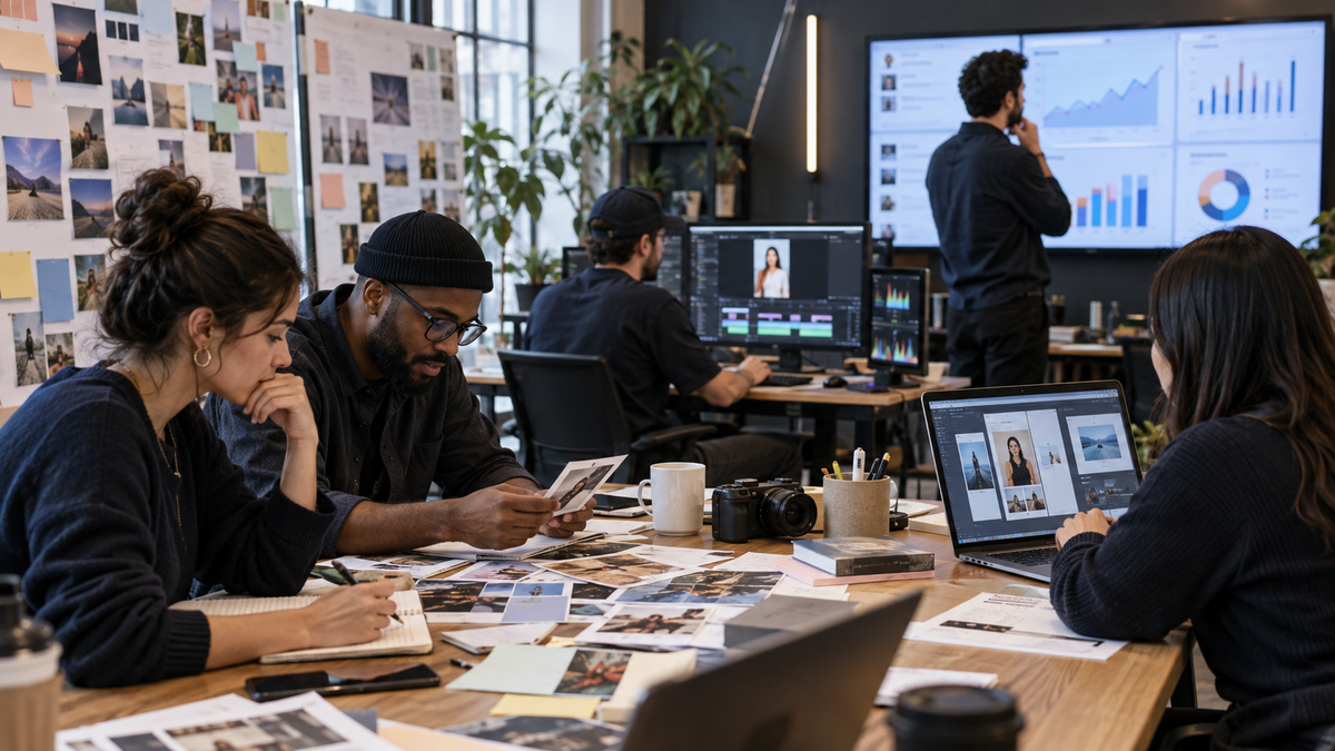 An advertising agency team moves from market research and concepts to production and performance review