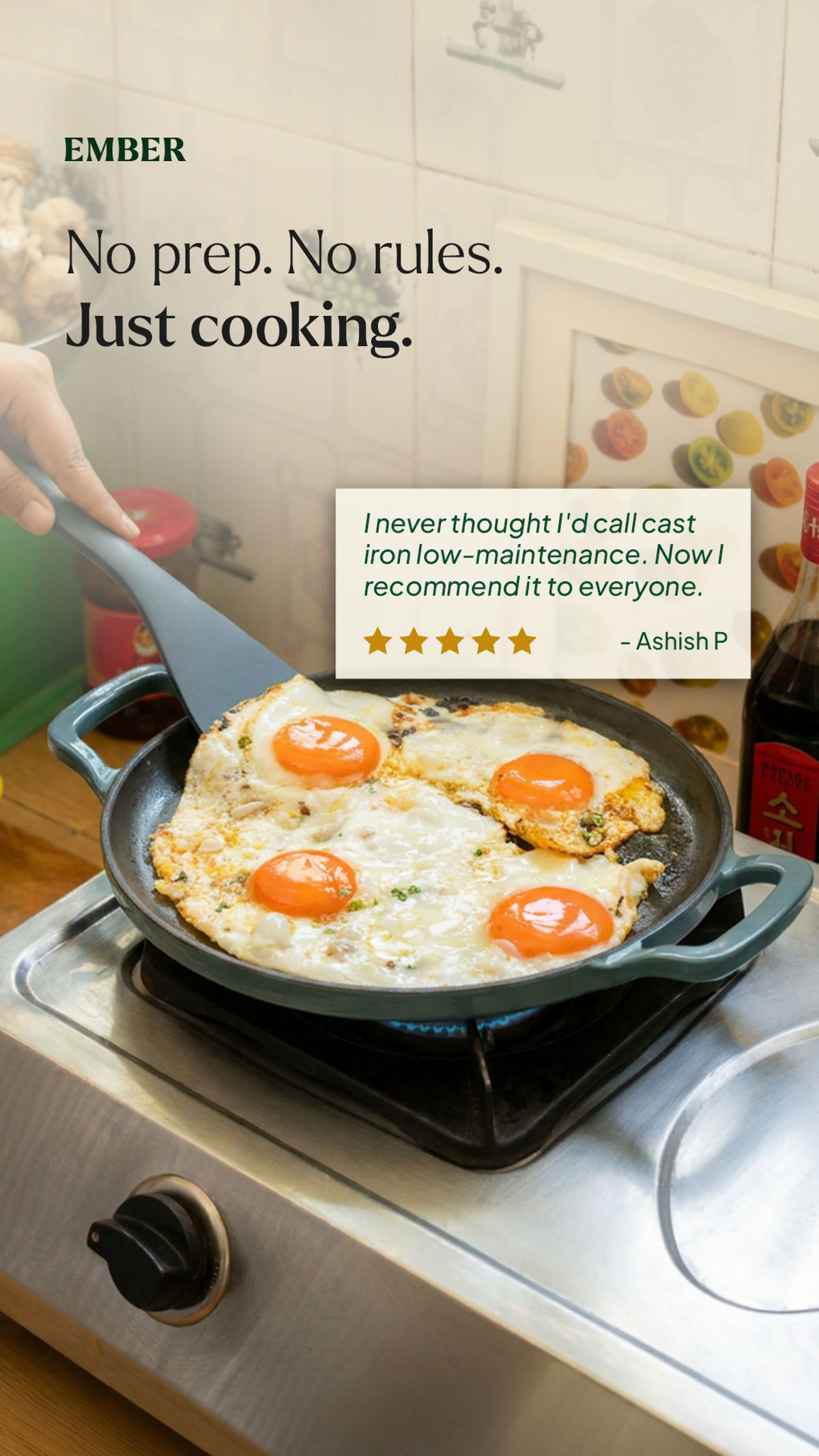 Ember cookware ad showing eggs cooking in a pan alongside a customer quote about low maintenance