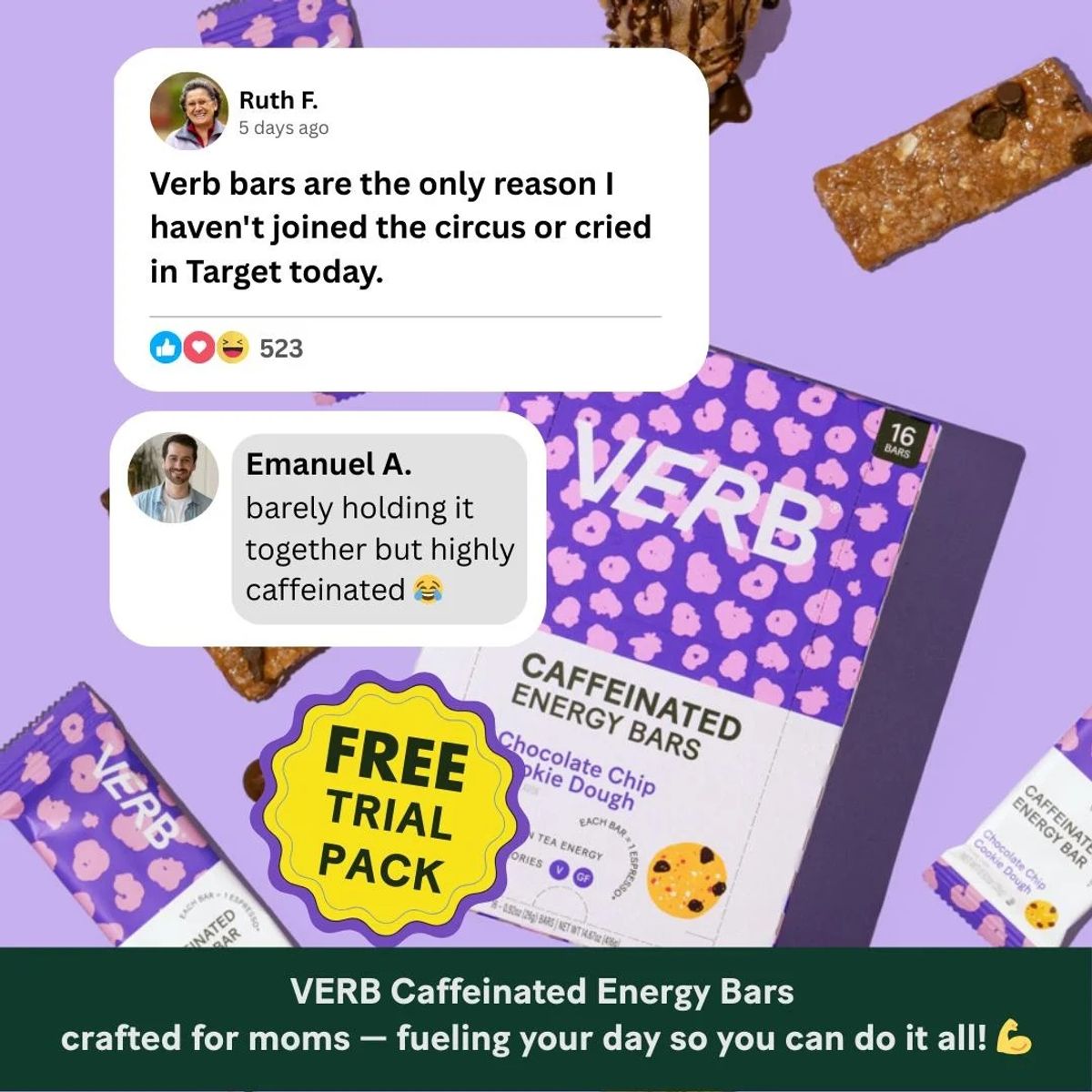 Verb Energy bars with customer comments