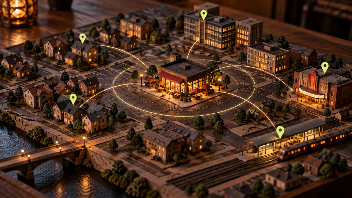 Physical neighborhood map showing a restaurant connected to nearby diners