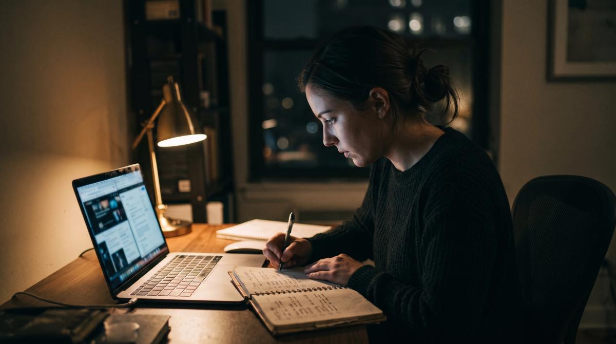 A person alone at a desk in the evening researching companies on a laptop while writing a checklist in a paper notebook