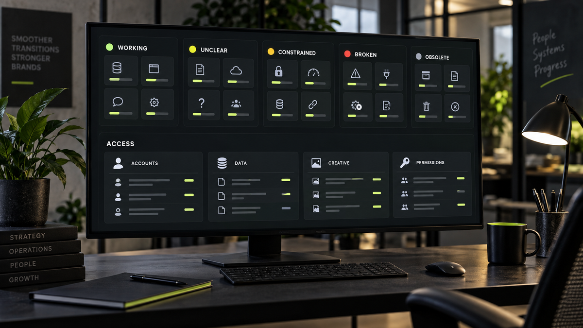 An agency-transition dashboard classifies systems and verifies access to accounts, data, creative, and permissions