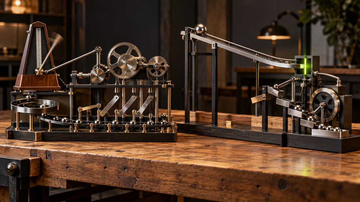 Two mechanical systems representing retainer and performance-based agency pricing