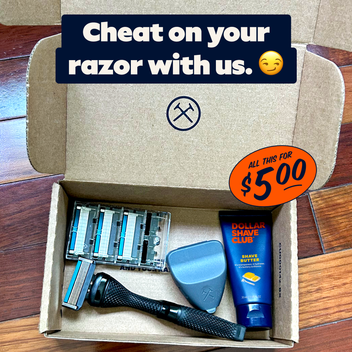 Dollar Shave Club ad showing an open shaving kit and a five-dollar offer