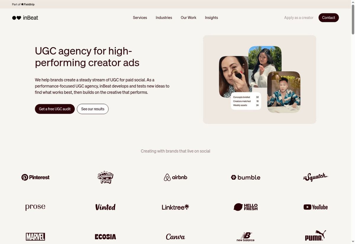 Screenshot of the inBeat UGC agency page
