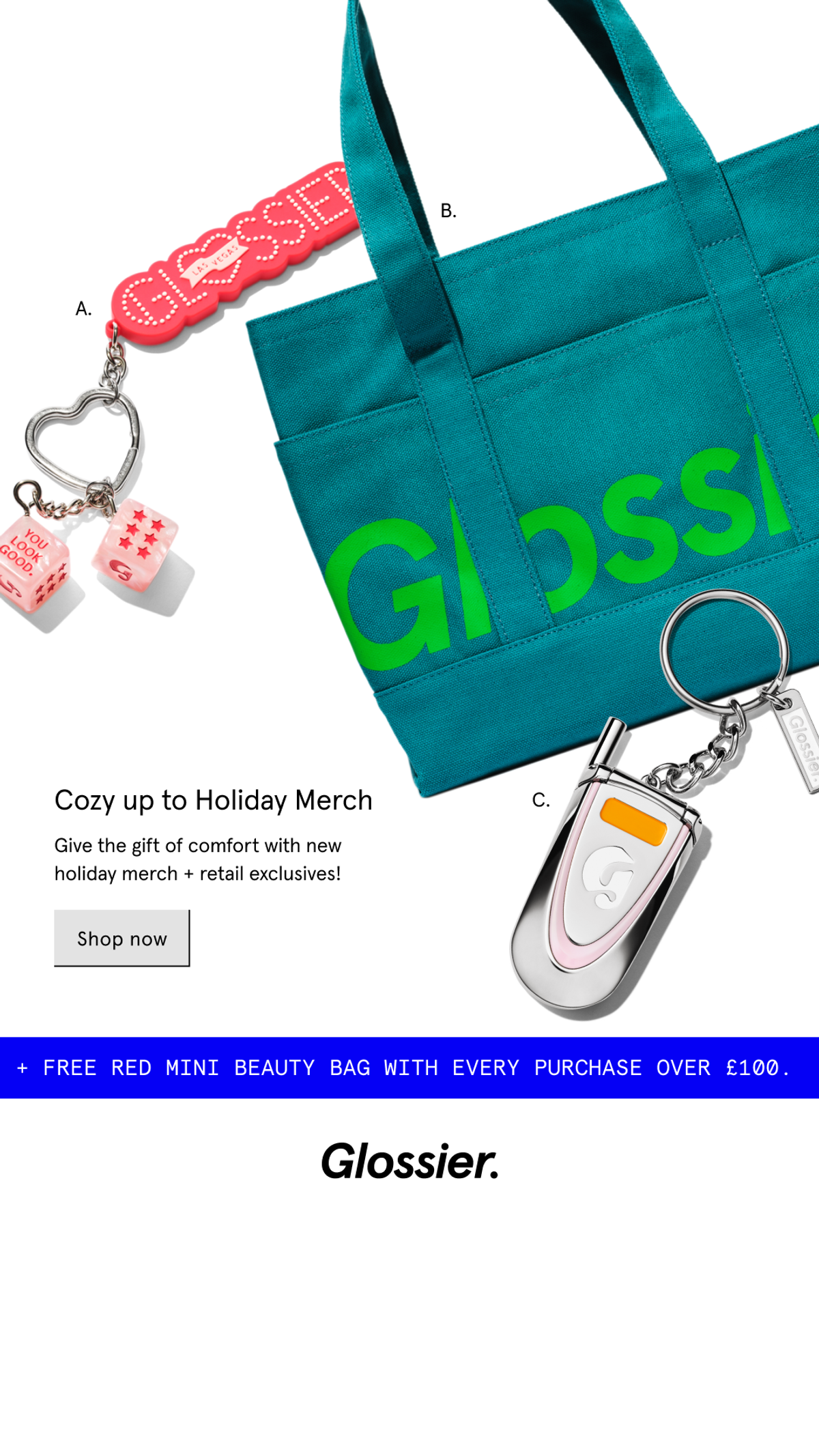 Glossier: turn a collection into a browsable selection. Several small gifts in one frame creative.