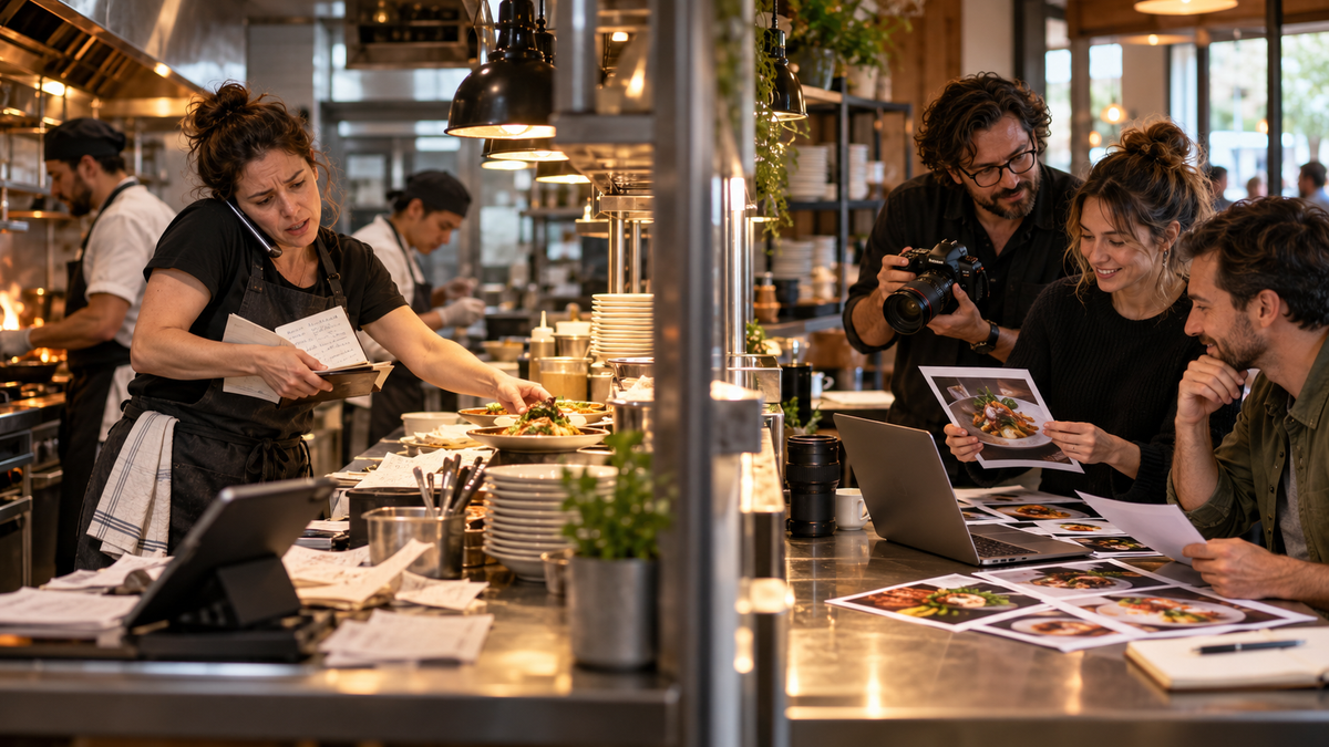 Restaurant owner balancing service work while an advertising team prepares campaign assets