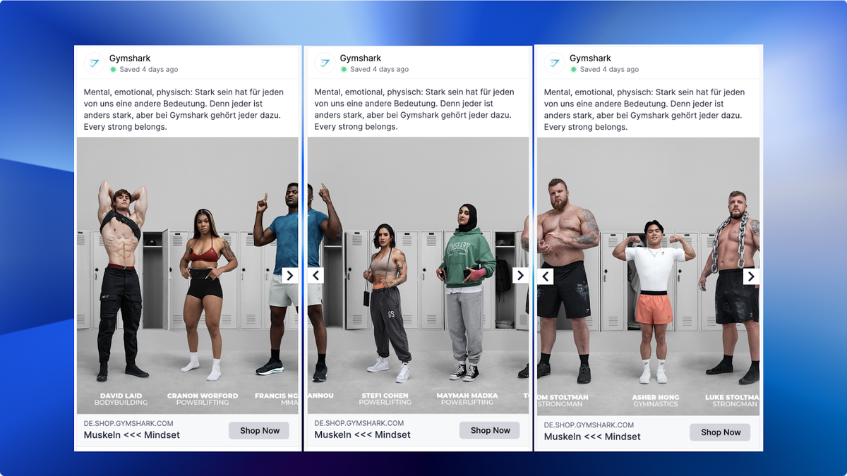 Gymshark carousel example showing the available cards