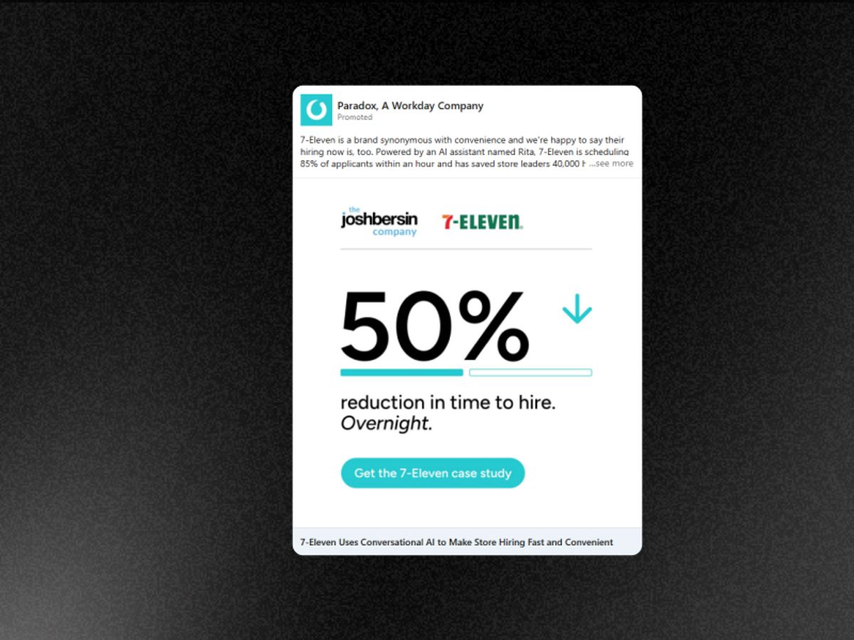 Workday LinkedIn static — "50% Reduction in Time-to-Hire, Overnight." oversized bold typography, clean background, Workday branding