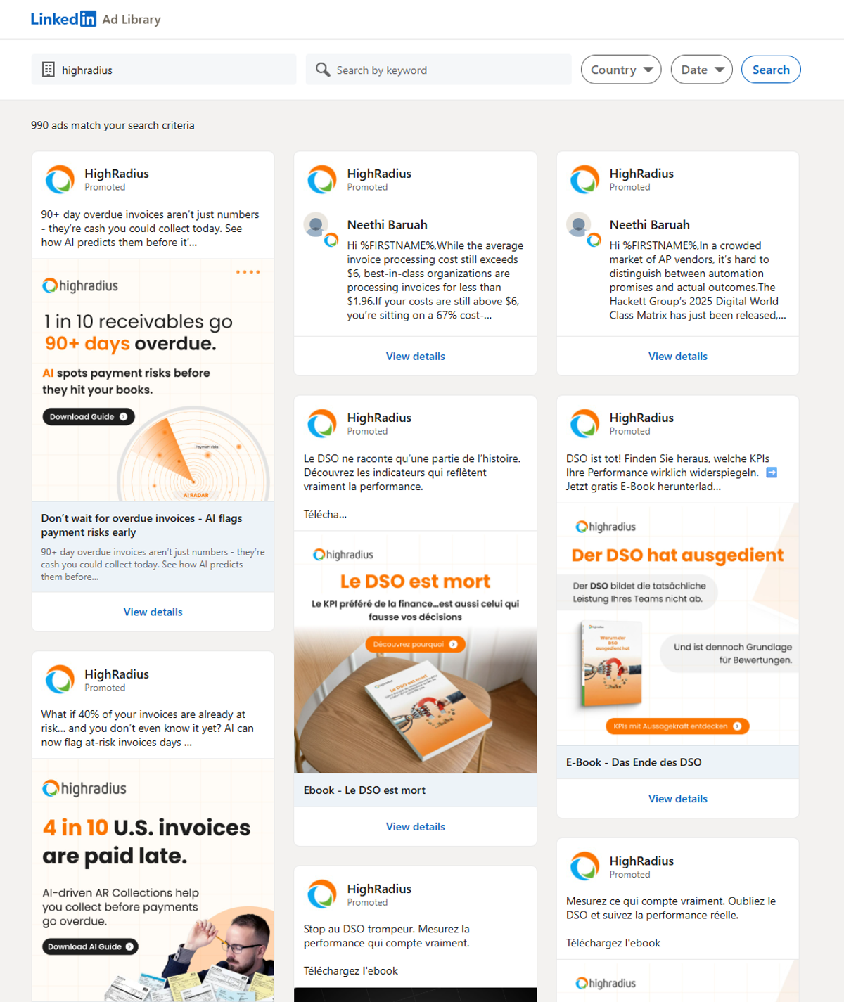 LinkedIn Ad Library search results showing active promoted ads from HighRadius, with multiple sponsored creatives displayed by keyword, country, and date filters.