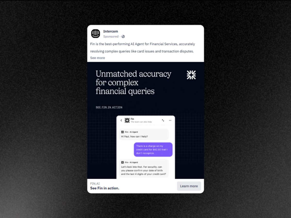 Mock customer service chat interface — customer reporting a "$42.50 unrecognized charge," Fin AI agent resolving it in real time. Clean product UI screenshot format