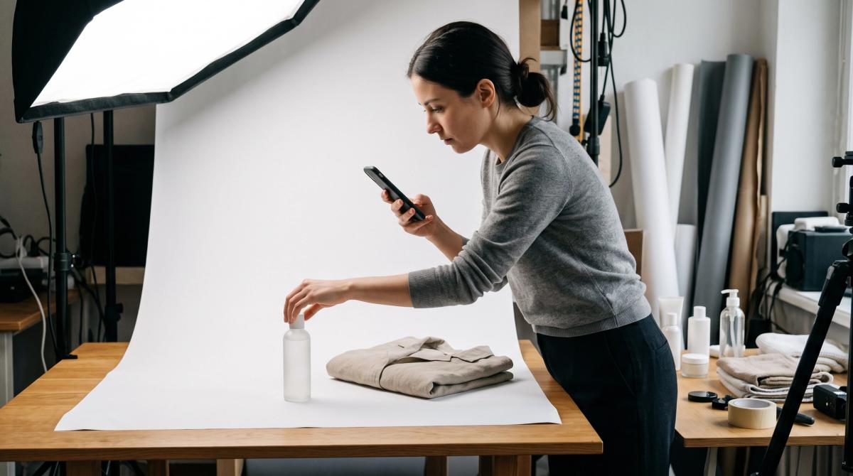A brand owner photographing an unbranded product on a seamless backdrop at a small in-house studio setup