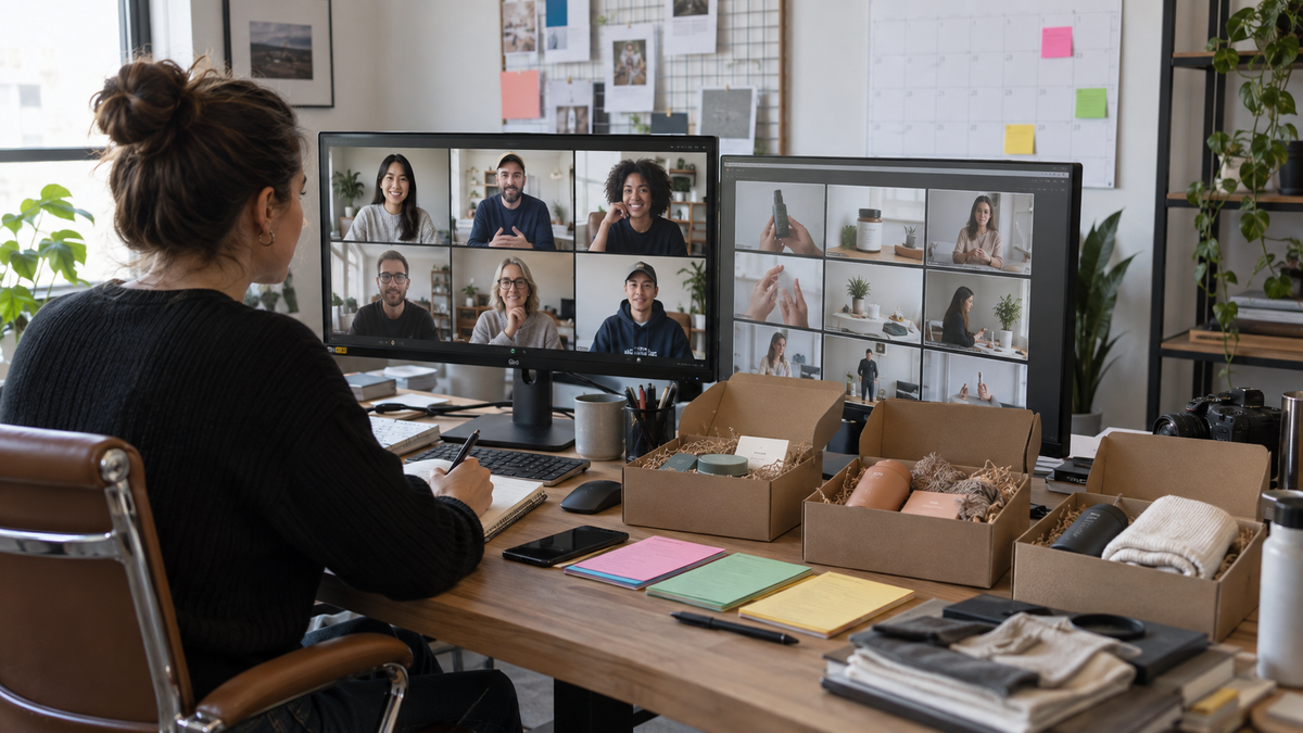 A producer coordinates several remote UGC creators, product kits, briefs, and delivery schedules