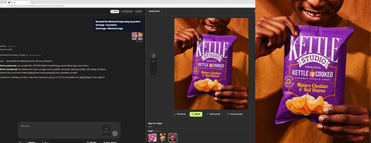 Vibemyad Ad Gen lifestyle image of the Kettle Studio Mature Cheddar and Red Onions chips pack with brand name, cooking line, and flavor descriptor rendered legibly, shown beside the mangled ChatGPT and Gemini versions.